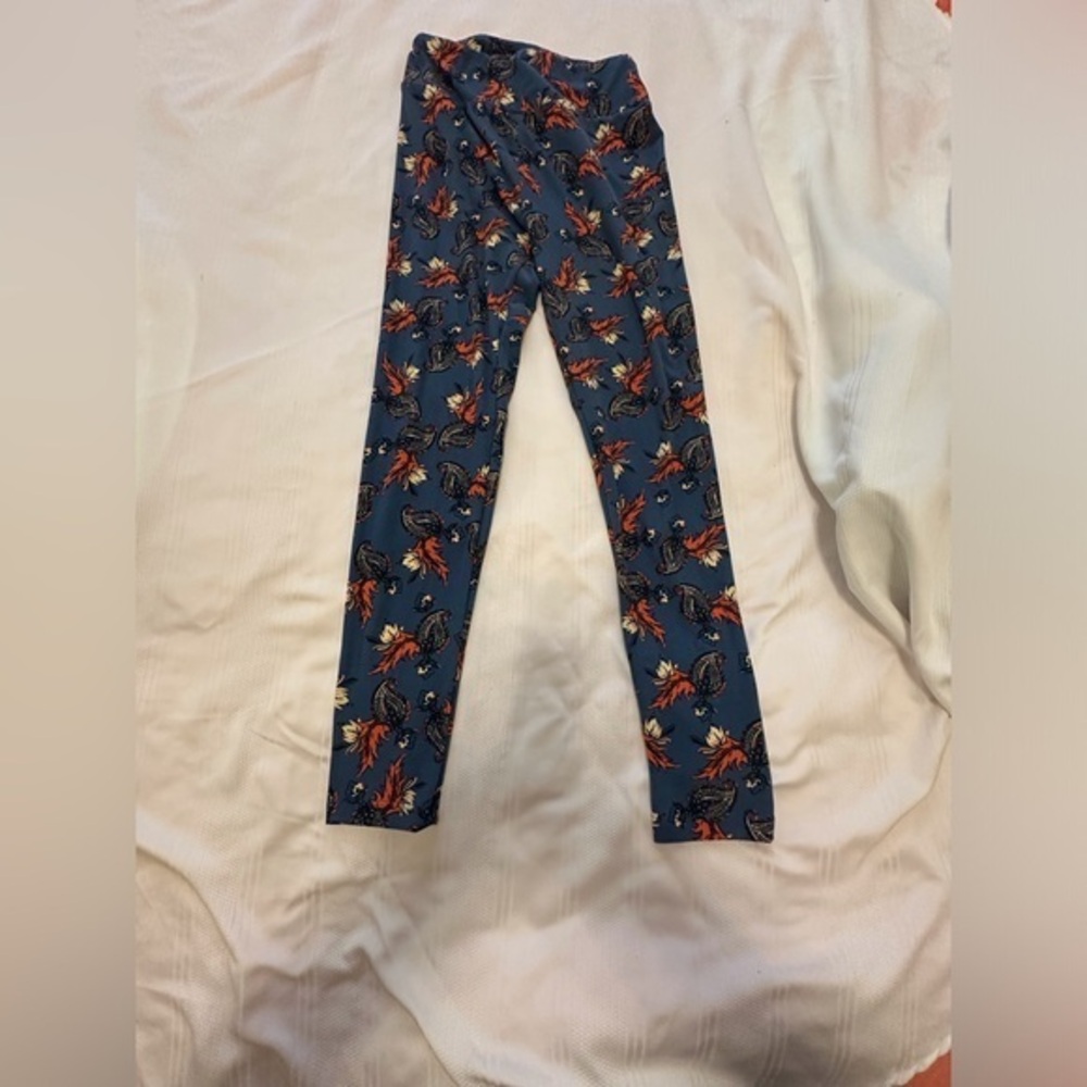 LuLaRoe Women’s Leggings - Navy and Orange Leaf Print